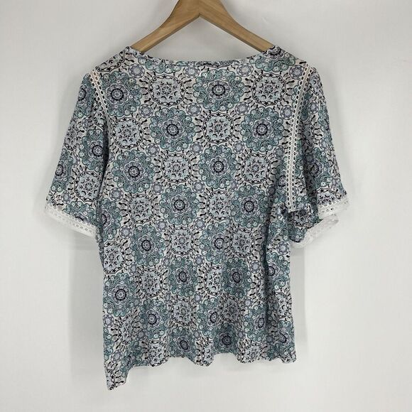 Loft Top Size Large Womens Blue Medallion Print Linen Cut Out Flutter Sleeve Tee - Picture 5 of 9